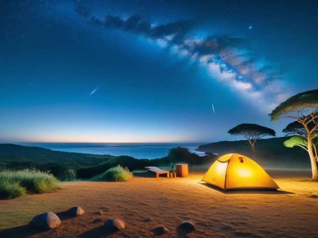 Paquetes camping Uruguay equilibrio: Noche de camping serena con fogata bajo un cielo estrellado y acogedor campamento iluminado