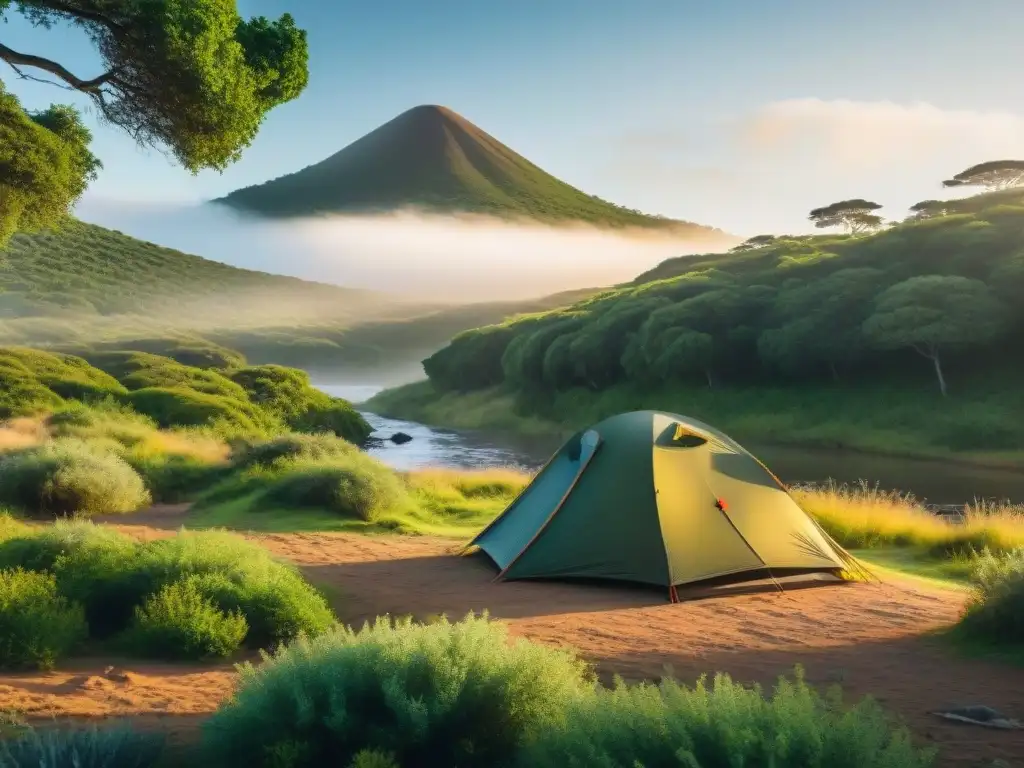 Paquetes camping Uruguay equilibrio: Escena serena en campamento con tienda entre árboles verdes y arroyo tranquilo al atardecer