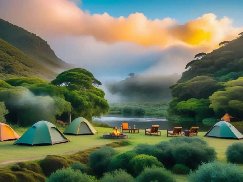 Paquetes ecológicos camping Uruguay: Campamento sostenible en la naturaleza uruguaya al atardecer