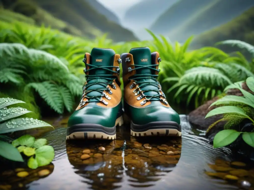 Un par de botas impermeables para camping en Uruguay, cubiertas de gotas de agua, en un bosque verde exuberante