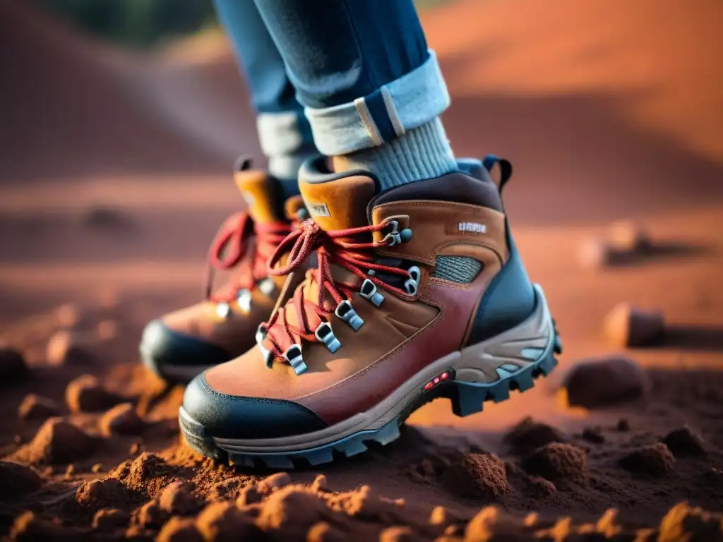 Un par de botas de trekking cubiertas de barro rojo, detalladas y desgastadas, perfectas para explorar Uruguay