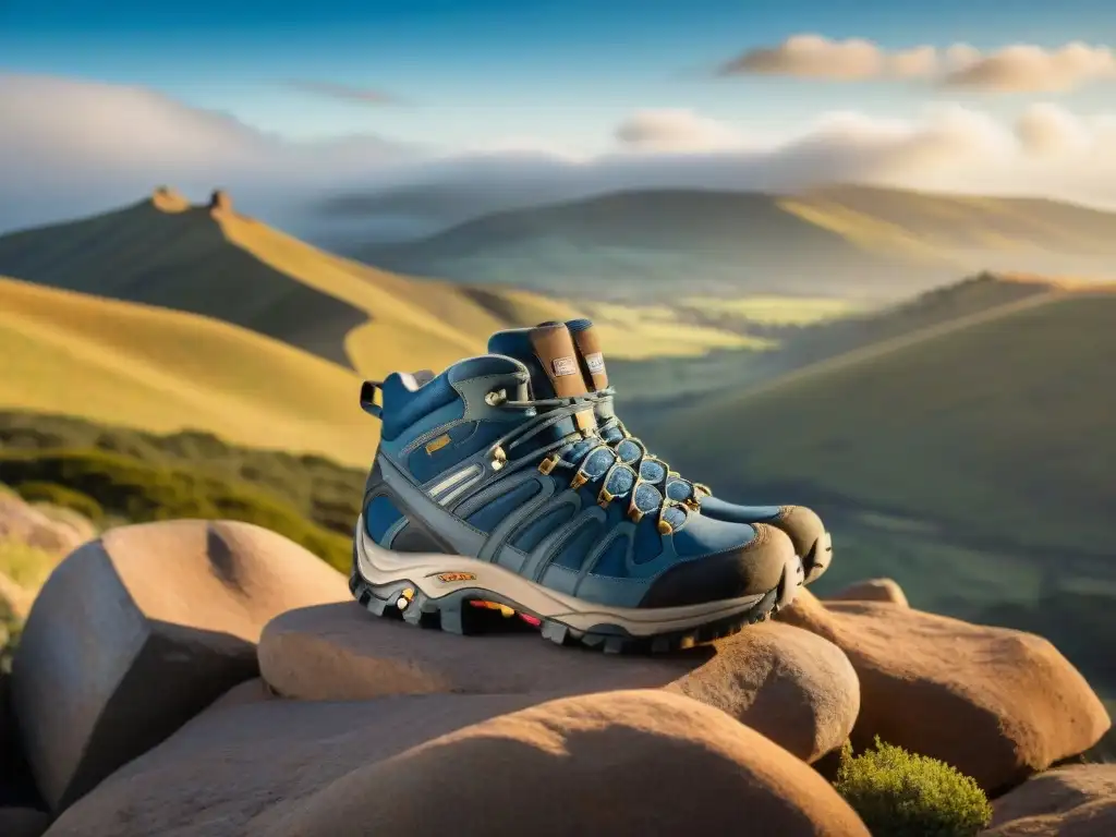 Par de botas de trekking cubiertas de polvo en terreno rocoso con paisaje de Uruguay