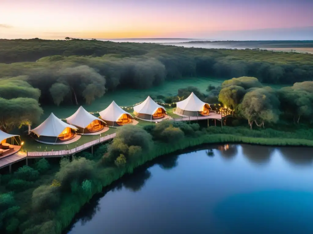 Un paraíso de glamping de lujo en Uruguay al atardecer con tiendas elegantes entre la naturaleza