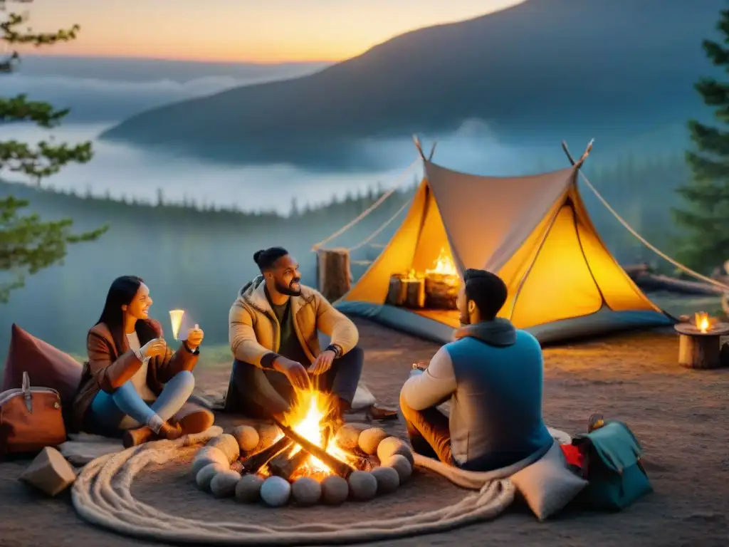 Una pareja comparte romance en camping en Uruguay, tostando marshmallows junto a la fogata al atardecer