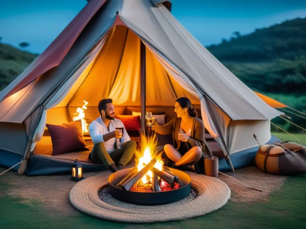 Una pareja disfruta de un lujoso glamping en Uruguay, junto a una fogata bajo el cielo estrellado y tiendas iluminadas