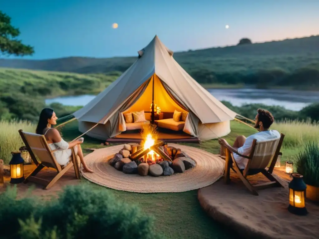 Una pareja disfruta de un romántico momento junto a la fogata en un sitio de glamping en Uruguay, rodeados de naturaleza