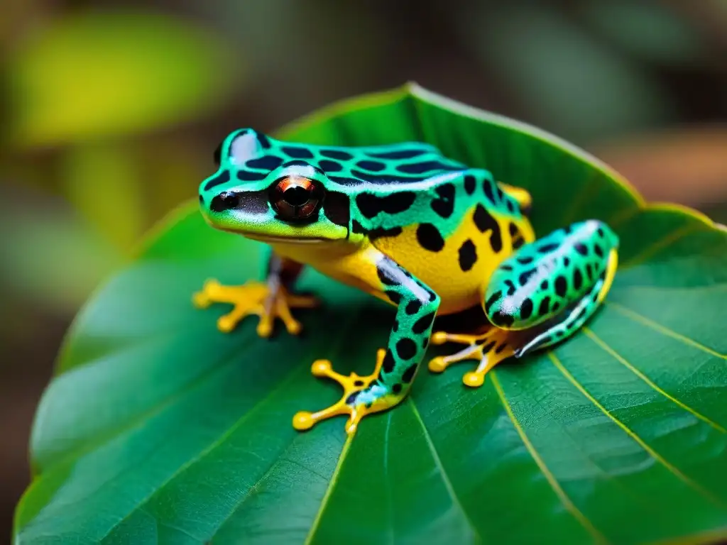 Pequeña rana venenosa en hoja de la selva de Uruguay, destacando colores vibrantes y texturas