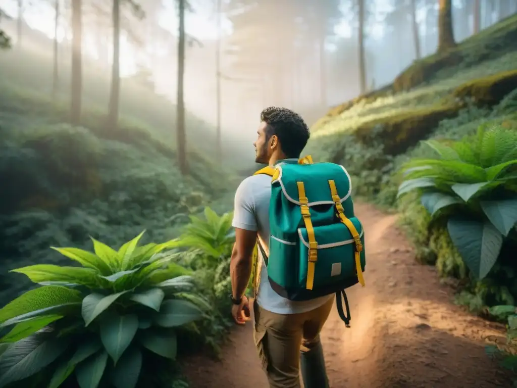 Pequeños aventureros con equipamiento de camping exploran bosque en Uruguay