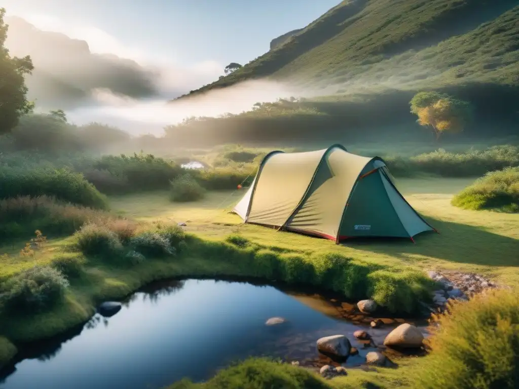 Persona purifica agua en arroyo en campamento en Uruguay con mejores sistemas de filtración camping