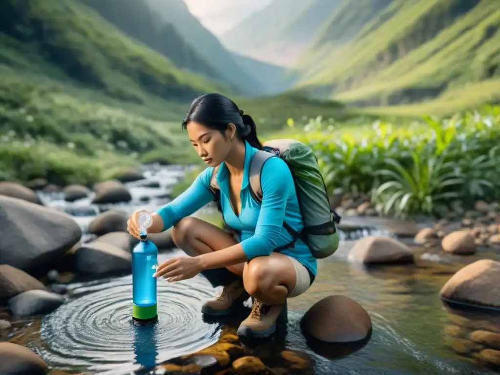 Persona vierte agua de arroyo en purificador agua portátil casero en entorno natural