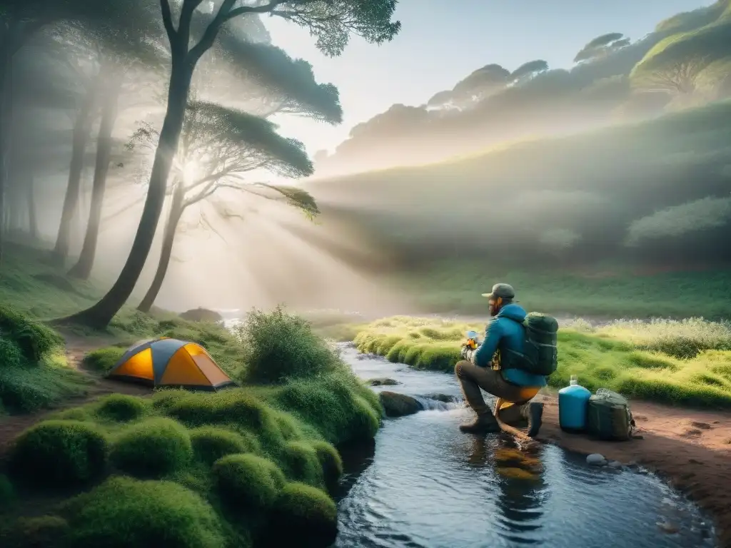 Persona purifica agua en camping en Uruguay, resaltando los mejores sistemas de purificación