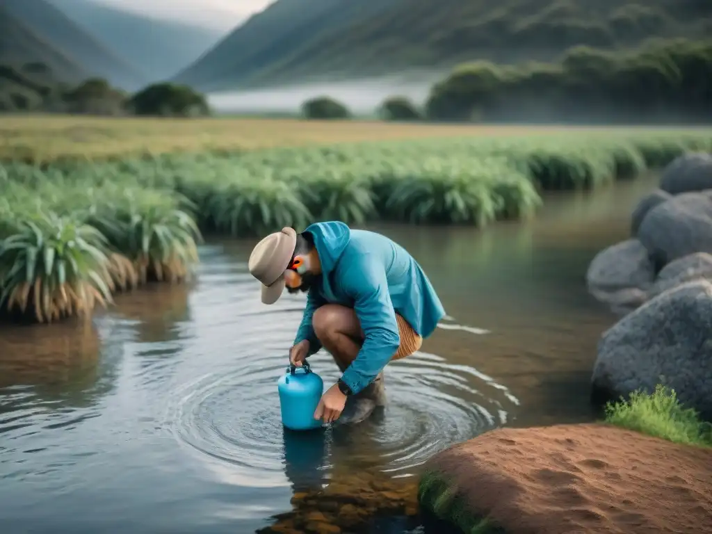 Persona filtrando agua en río de Uruguay con filtros de agua portátiles camping