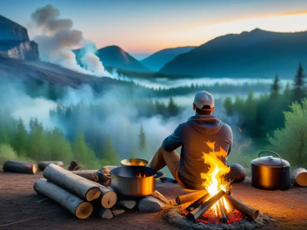 Persona cocinando alimentos sin utensilios en camping, rodeada de naturaleza salvaje y un cielo estrellado