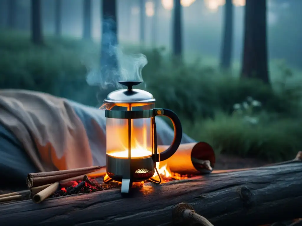 Persona preparando café en camping con calma junto a fogata y árboles altos al atardecer