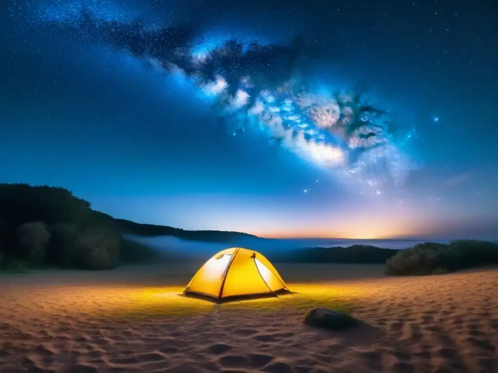 Persona admirando la Vía Láctea sobre un campamento en Uruguay, uno de los mejores destinos de acampada en Uruguay