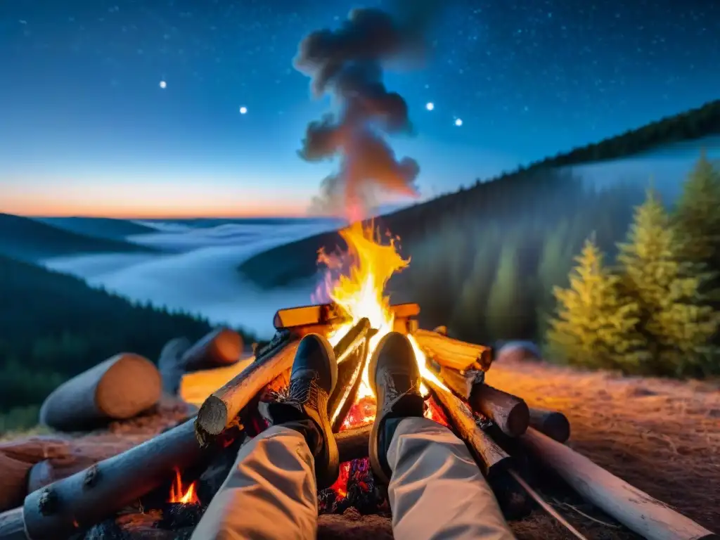 Persona en camping, reflexiva junto a fogata en bosque nocturno con taza de té caliente