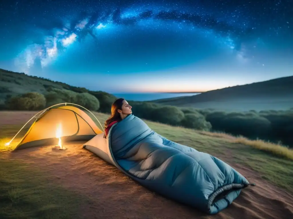 Persona durmiendo bajo las estrellas en Uruguay con las mejores bolsas de dormir