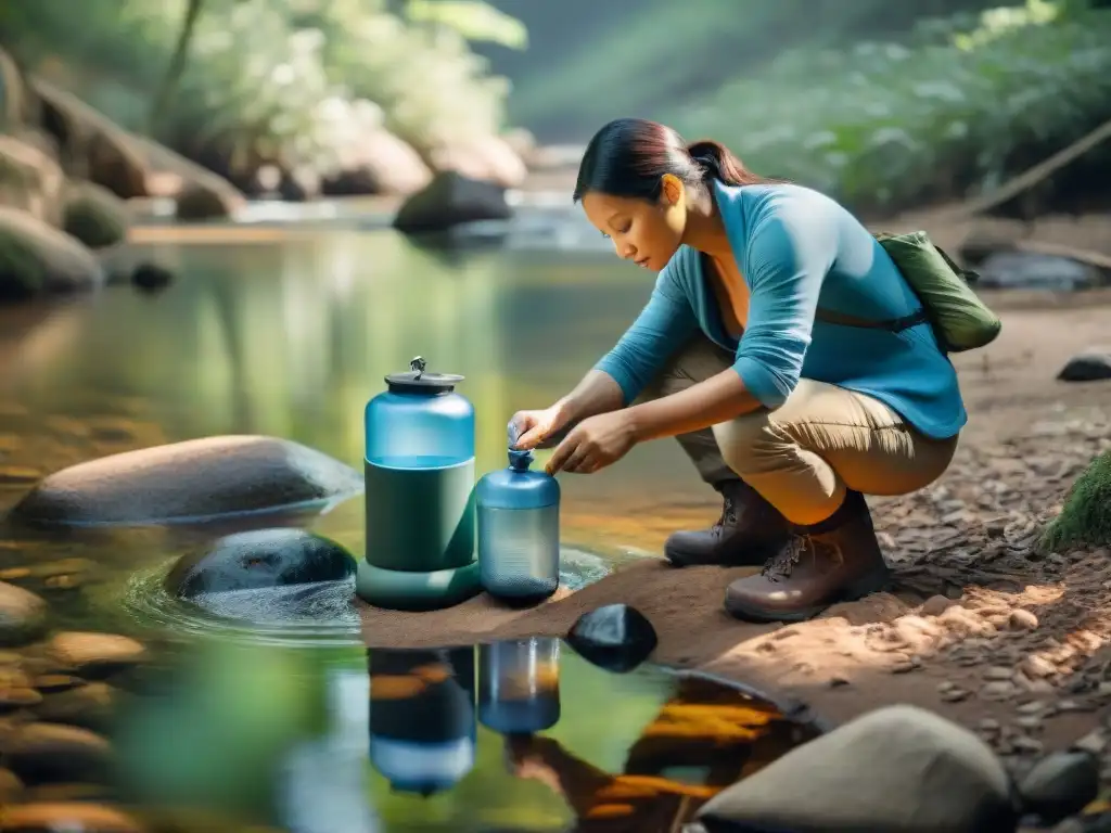 Persona montando filtro de agua con materiales naturales en camping, en un entorno boscoso sereno