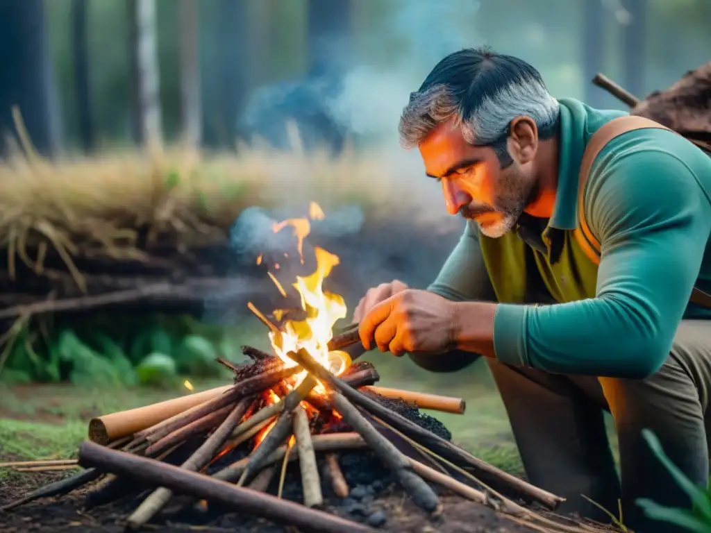 Persona encendiendo fuego en la selva de Uruguay, mostrando determinación y habilidad