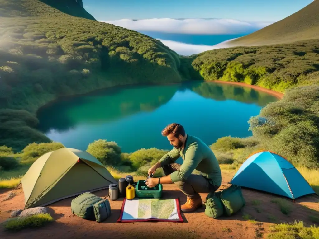 Persona preparando kit orientación camping Uruguay en exuberante naturaleza, listo para la aventura