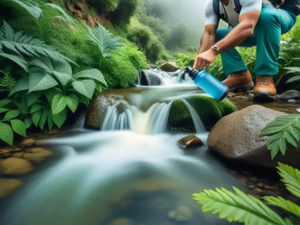 Persona usando los mejores filtros de agua portátiles en arroyo de montaña en Uruguay