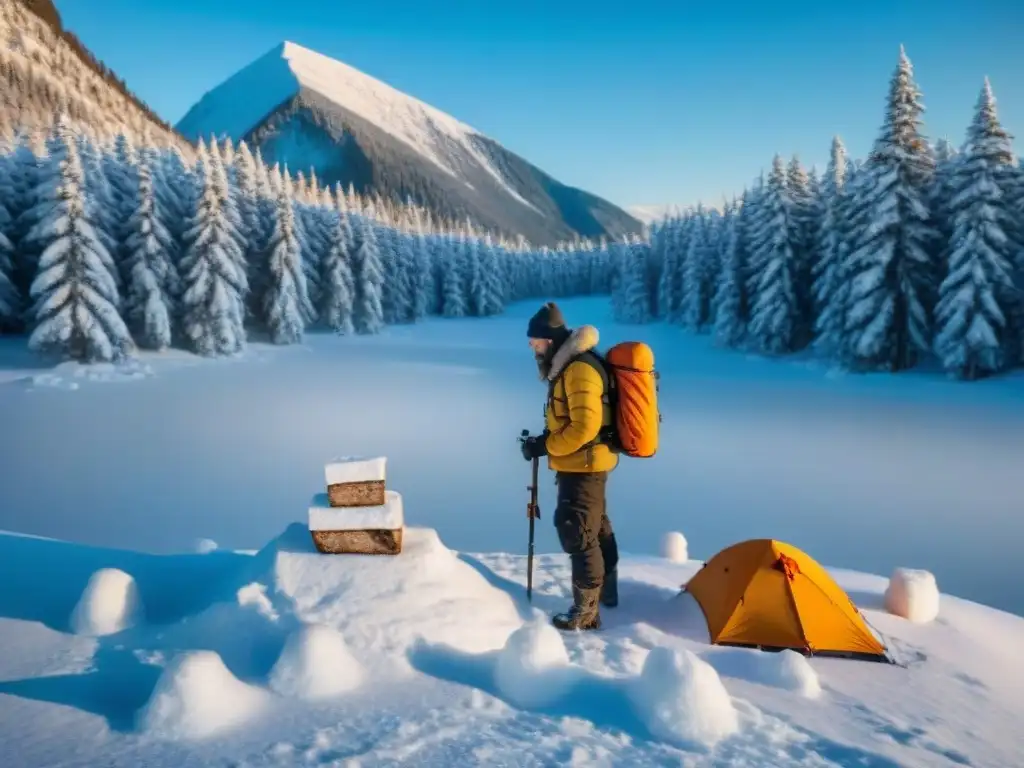 Persona en un paisaje nevado, construyendo un refugio de emergencia en nieve con brújula en mano