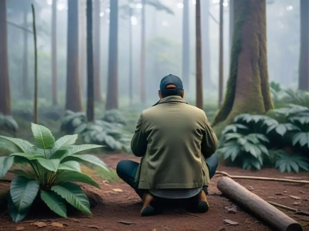 Persona perdida acampando en Uruguay, señalizando ayuda con rocas y ramas en la densa selva