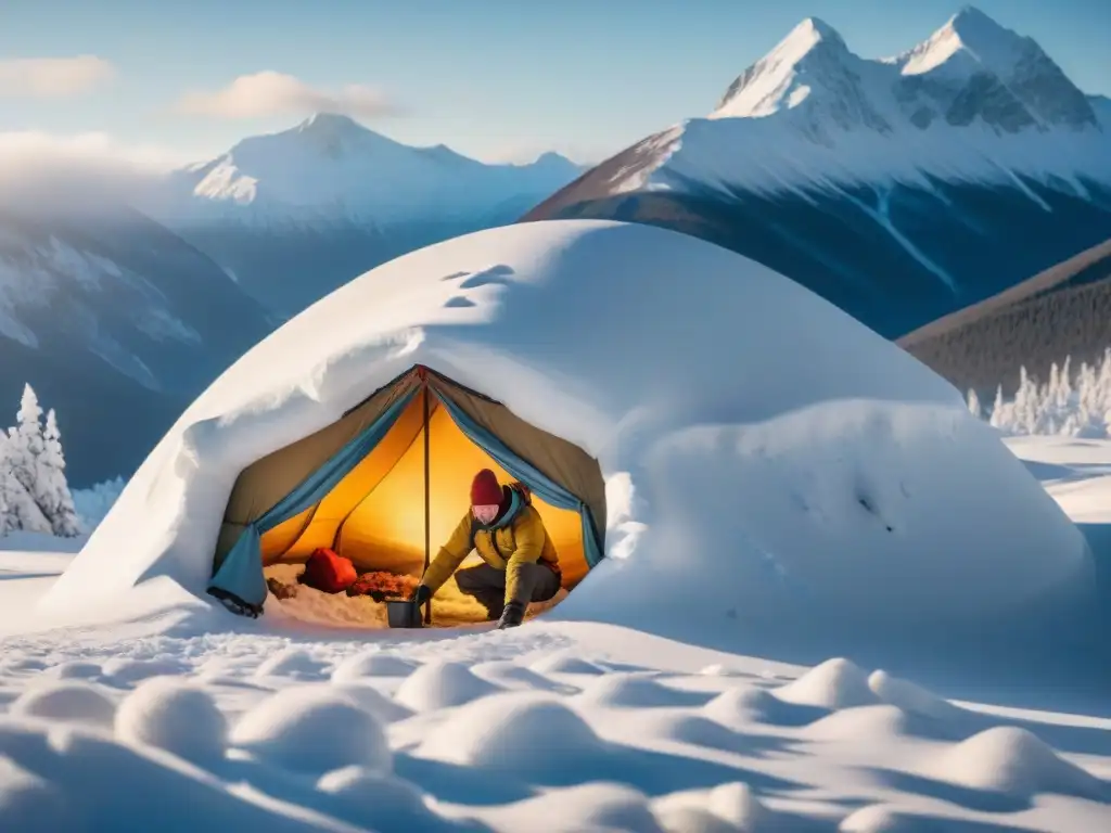 Persona construyendo un refugio de emergencia en nieve en un paisaje nevado y aislado