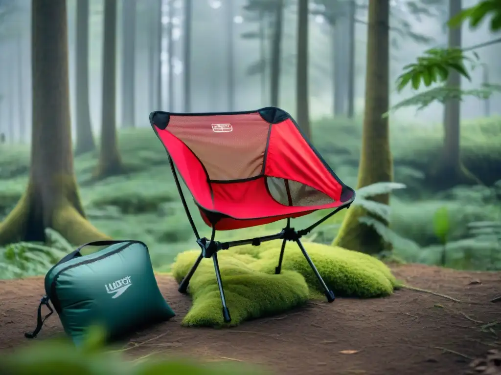 Persona relajada en asiento camping plegable ligero en bosque sereno