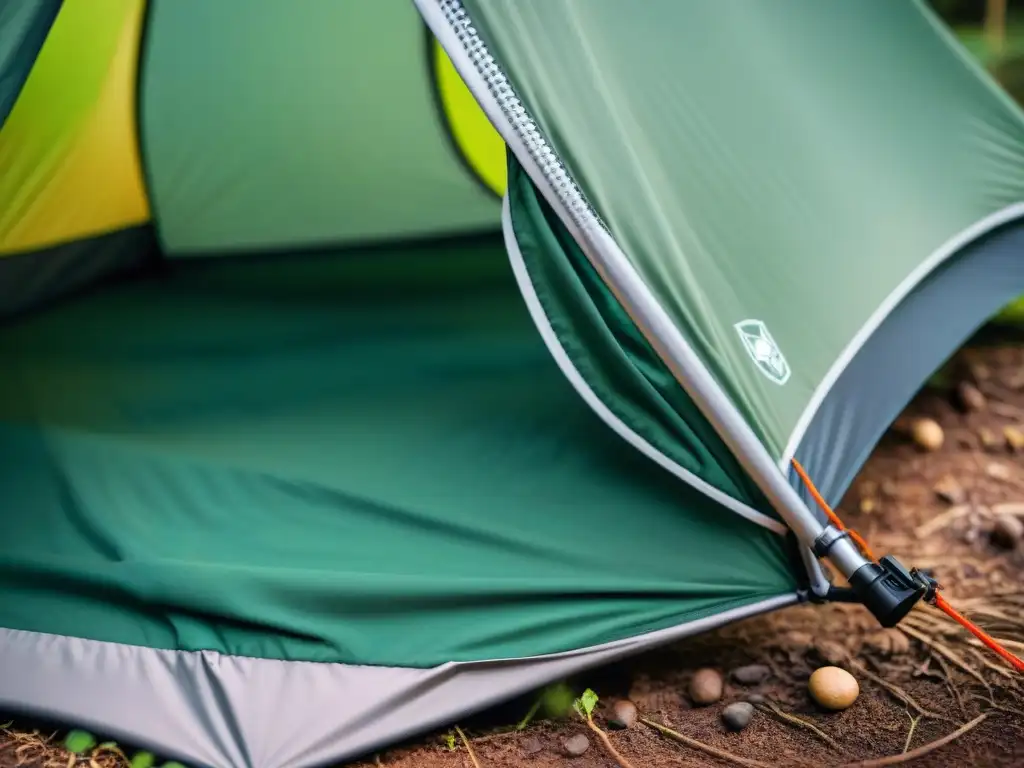 Persona cuidando tienda de campaña alta gama en entorno natural con equipo de acampar y vegetación exuberante