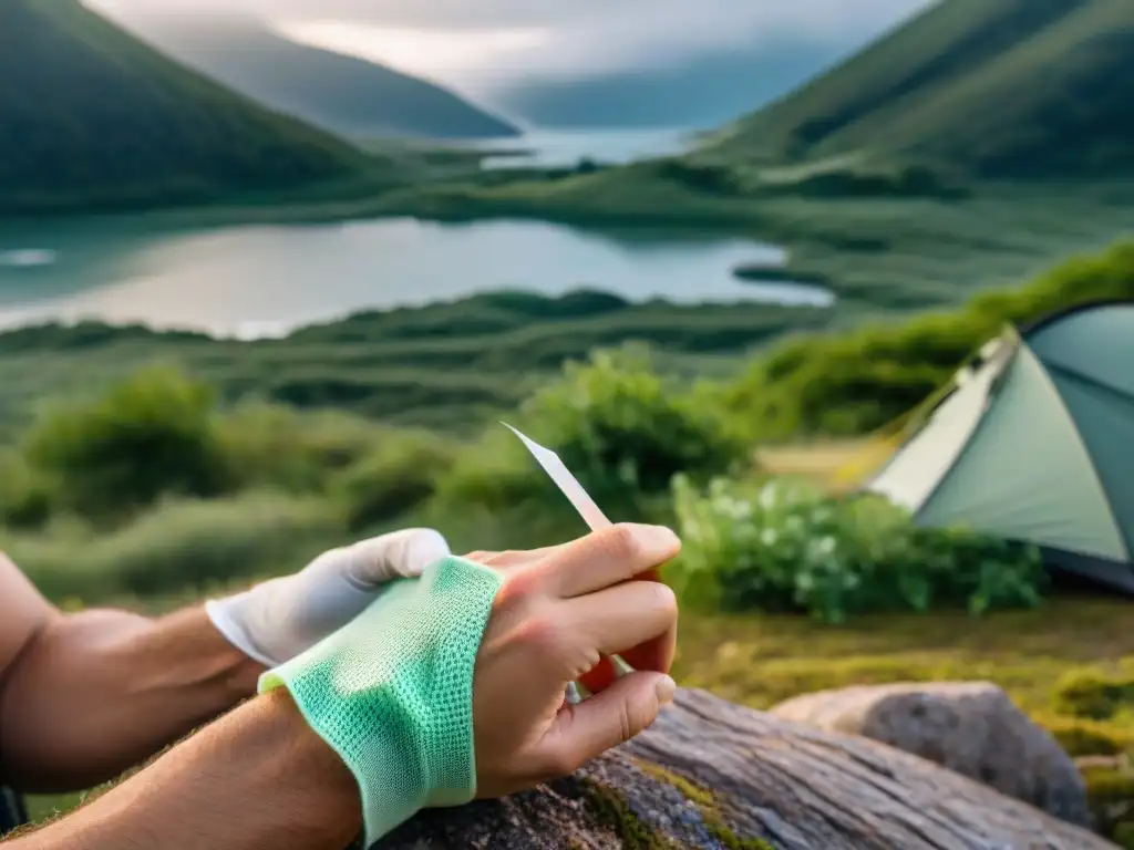 Persona aplicando vendaje en dedo cortado en campamento en Uruguay