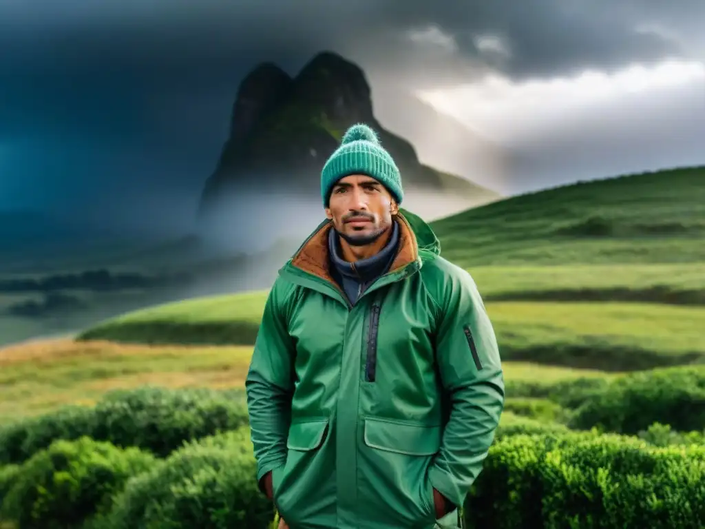 Persona en Uruguay con vestimenta esencial clima Uruguay, enfrentando tormenta en paisaje agreste