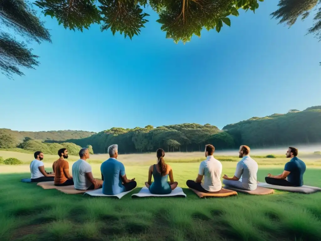 Personas meditando en círculo en un prado verde, bajo árboles altos y cielo azul