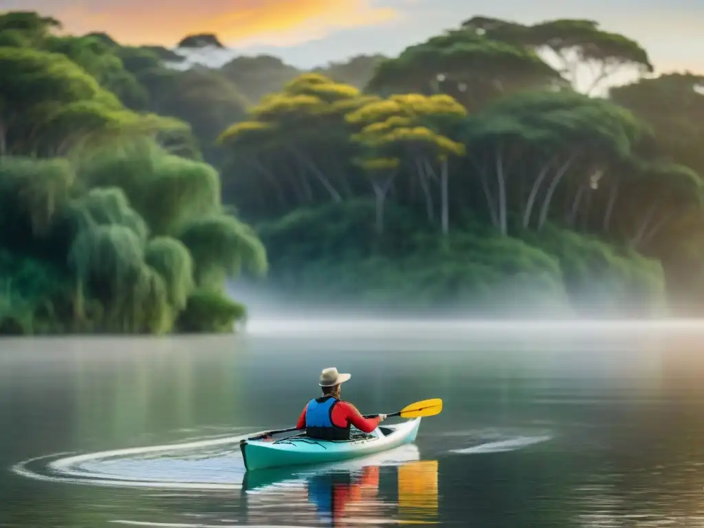 Pesca en kayak Uruguay: remando en aguas tranquilas entre la exuberante naturaleza al atardecer