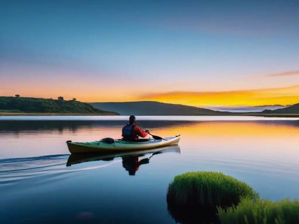 Pesca en kayak al amanecer en Laguna Garzón, reflejando la armonía entre naturaleza y pescador dedicado en Uruguay