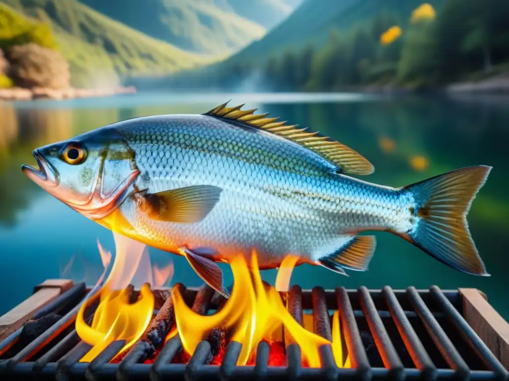 Un pescado a la parrilla en un entorno de camping, con llama y humo