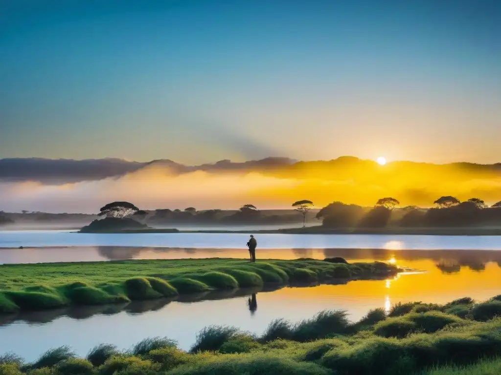 Pescador disfruta del atardecer en ríos de Uruguay, rodeado de naturaleza serena y colores suaves