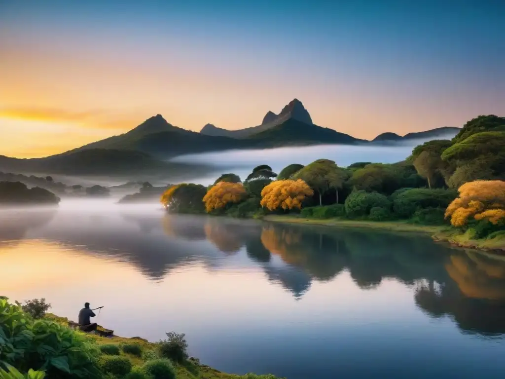 Un pescador preparando su caña al atardecer en un lago uruguayo