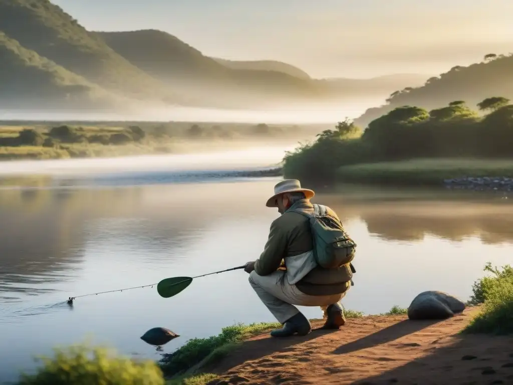 Un pescador experto preparando su equipo de pesca para camping en un río sereno al atardecer en Uruguay