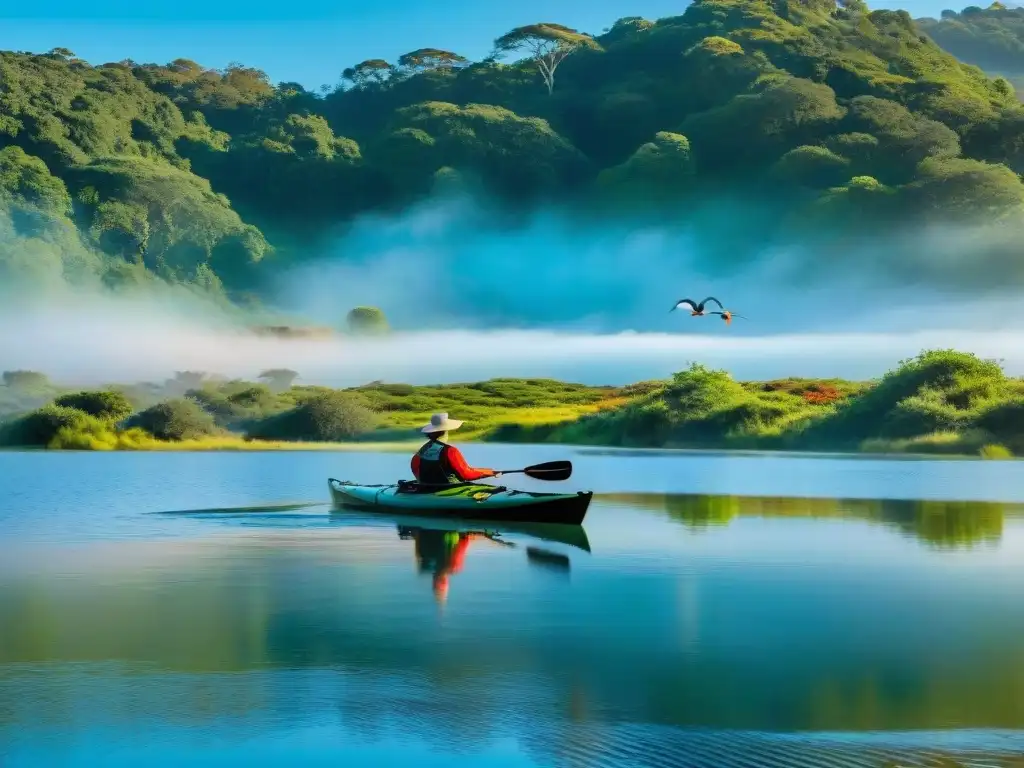 Pescador en kayak disfrutando la naturaleza en un lago sereno de Uruguay