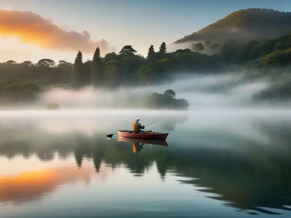 Pescador solitario en lago al amanecer en Uruguay, reflejos del sol y ambiente místico