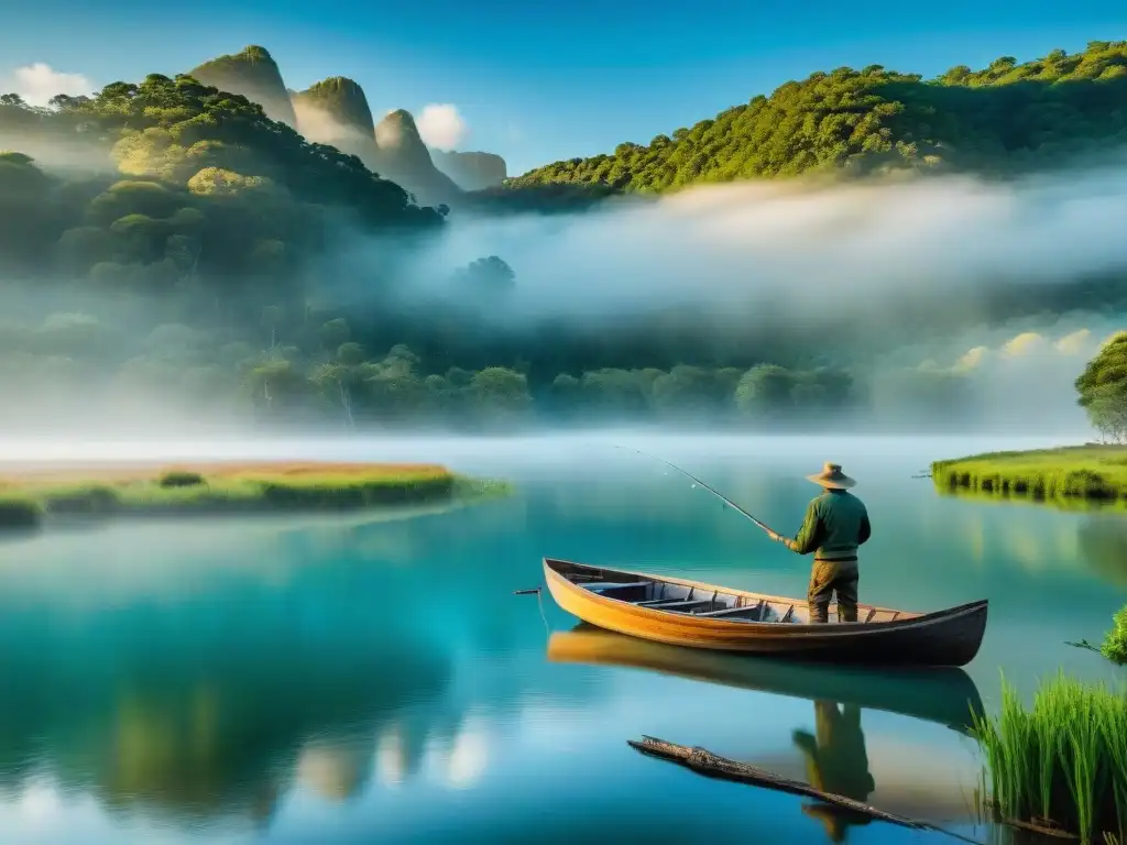 Un pescador solitario en un río de Uruguay, reflejando la serenidad de la naturaleza