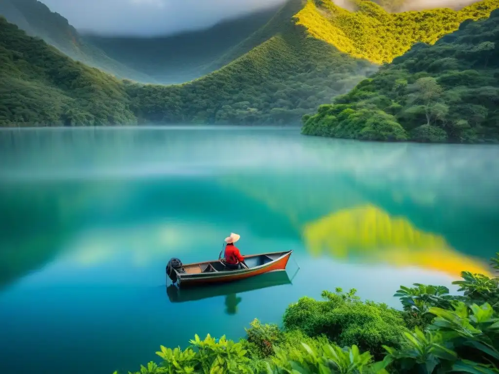 Un pescador solitario disfruta la serenidad de Laguna Garzón al amanecer, un lugar ideal para pescar y acampar en Uruguay