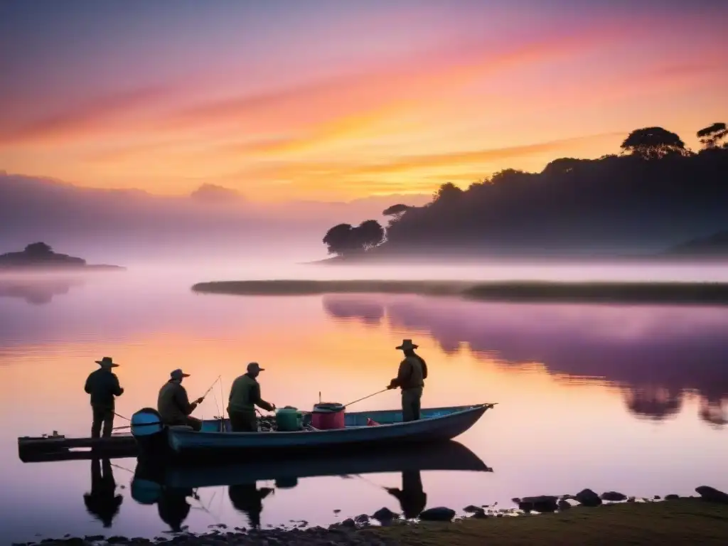 Pescadores apasionados preparando sus equipos al amanecer para un torneo de pesca en Uruguay, con el lago sereno reflejando sus siluetas