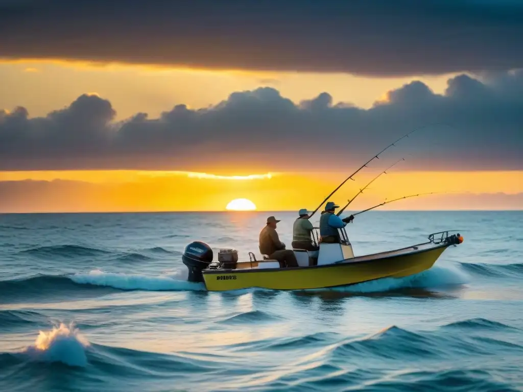 Pescadores en un bote amarillo frente a la costa de Uruguay al atardecer, creando una escena de pesca emocionante