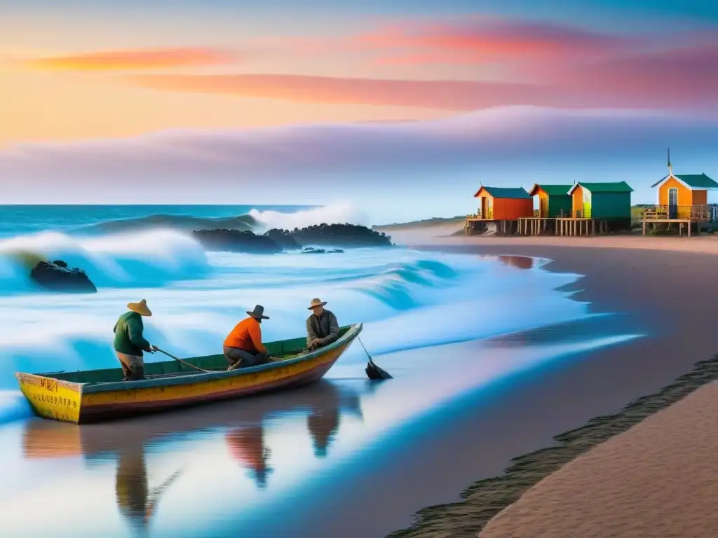 Pescadores reparando botes en la playa al amanecer en Punta del Diablo, evocando la vida local