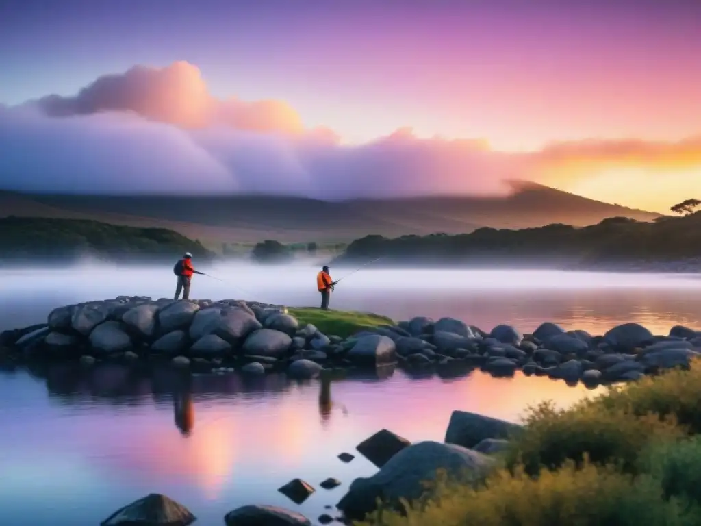 Pescadores expertos disfrutan la tranquilidad de Laguna Garzón al atardecer, en uno de los mejores lugares de pesca y camping en Uruguay