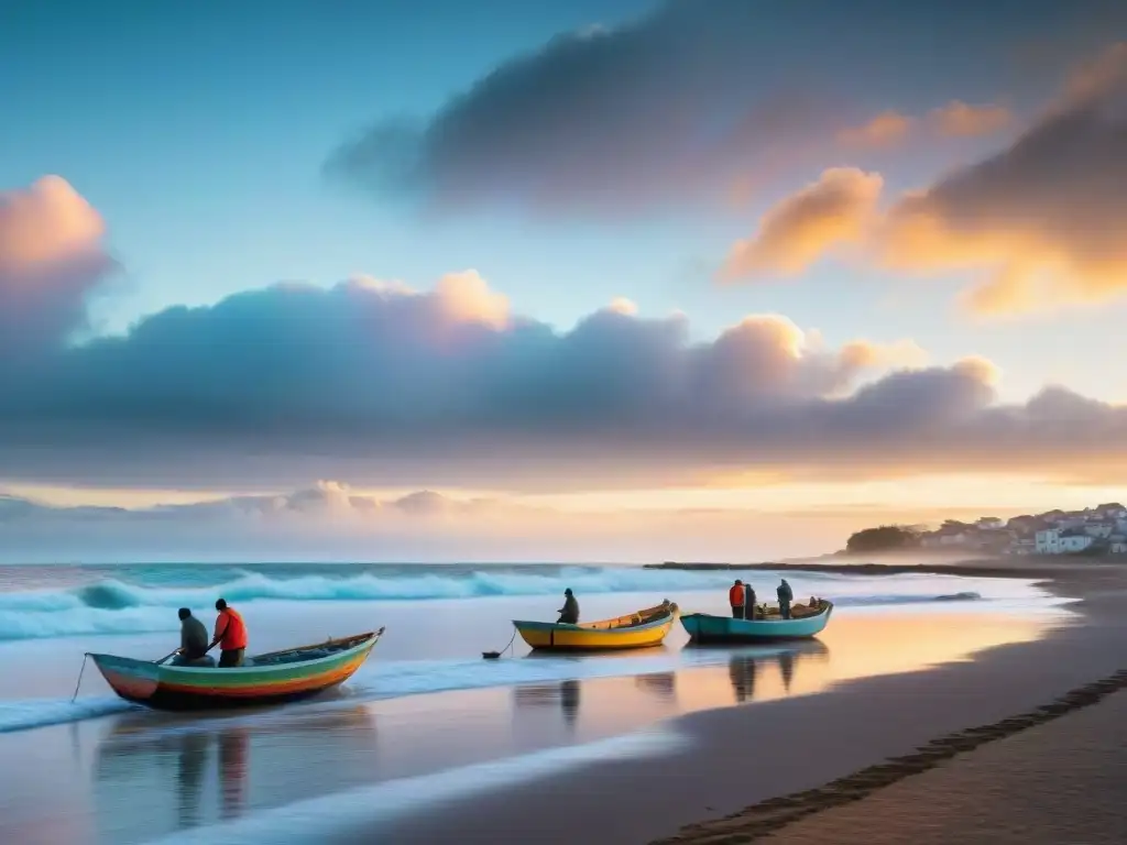 Pescadores locales en la playa al amanecer en Uruguay, con barcos coloridos y un cielo pastel