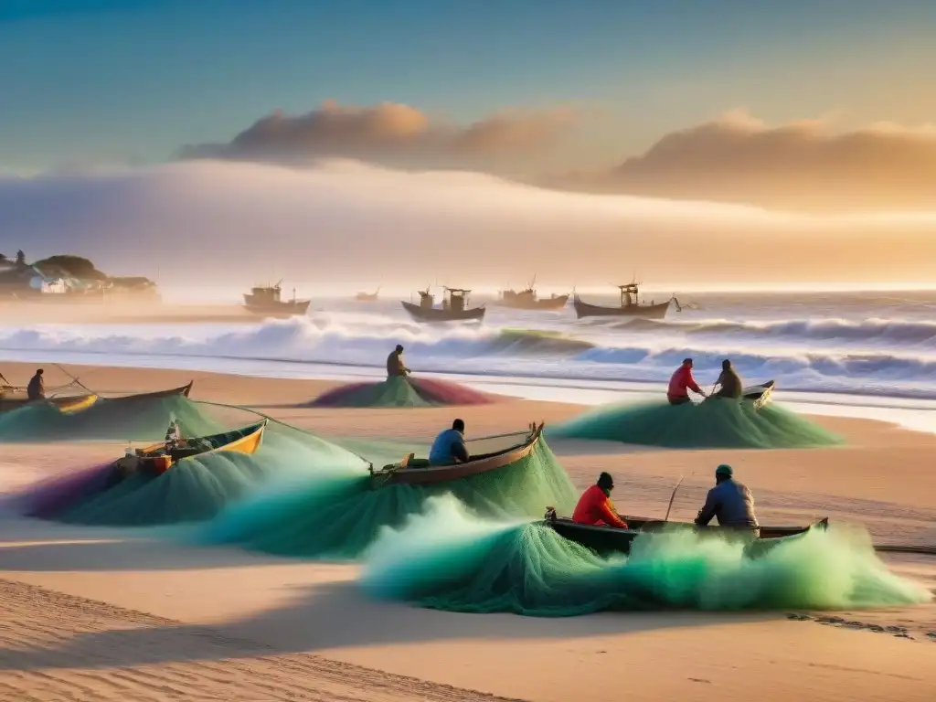 Pescadores preparando redes al amanecer en Punta del Diablo, con botes y gaviotas