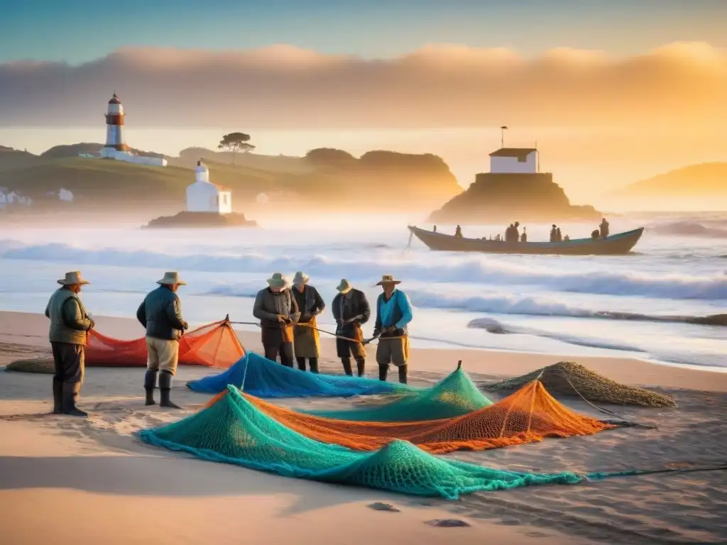 Pescadores uruguayos en la playa al amanecer, preparando redes de pesca, rodeados de tradiciones locales y paz